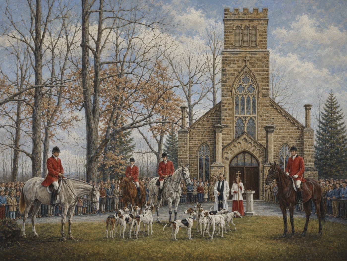 Painting of the Blessing of the Hounds before Grace Episcopal Church